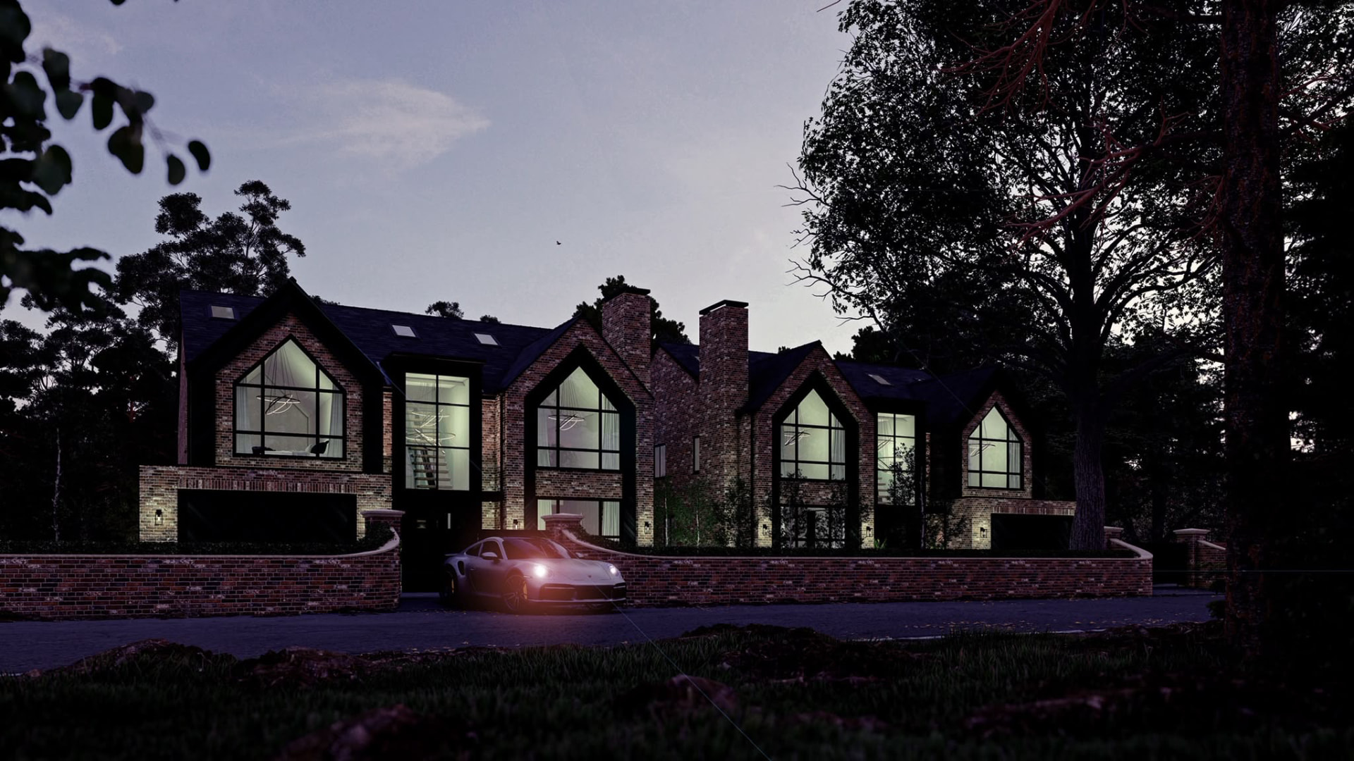 Architectural render of a luxury home at dusk